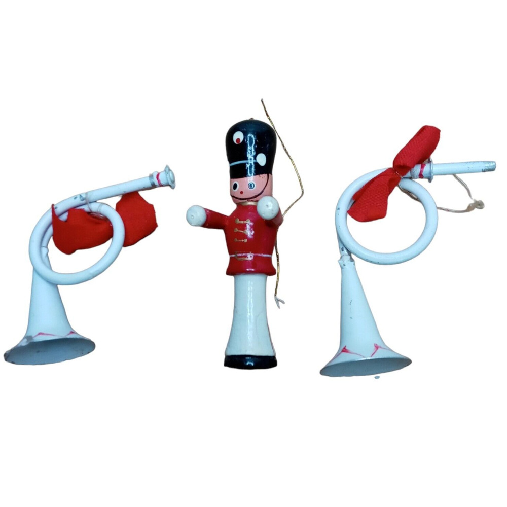🎺 Vintage Christmas Ornaments🎄📯 Set 3pc Toy Trumpet + Soldier